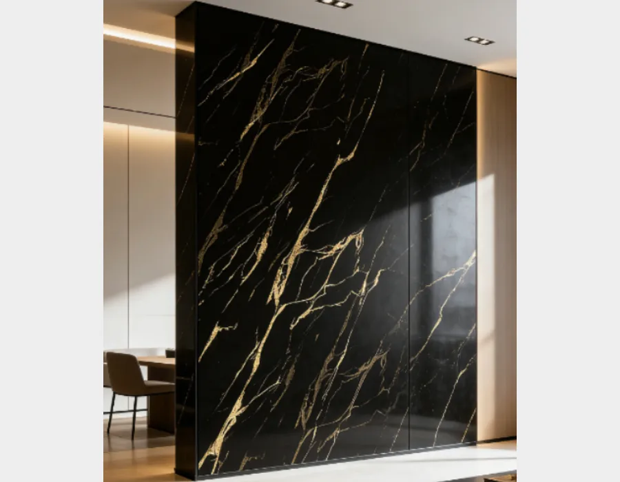 Black Golden Enterior - modern nappali falburkolat, amely fekete márvány hatású PVC falpanelből készült, arany erezettel.Anyag: A burkolat PVC-ből készült, amely utánozza a valódi márvány megjelenését.Stílus: A "Golden Black" vagy "Gold Marquina" néven ismert minta mélyfekete alapszínt és drámai arany erezetet használ.Tulajdonságok: Az ilyen panelek általában víz- és hőállóak, és gyorsan telepíthetőek.