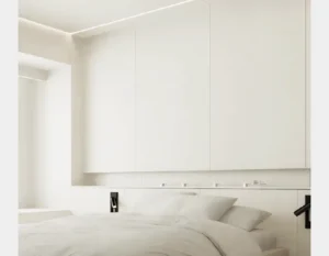 White Fényes Enterior, minimalista hálószoba a Mokform Architects egyik tervét mutatja be, amely letisztult vonalvezetésével és beépített tárolóival tűnik ki.